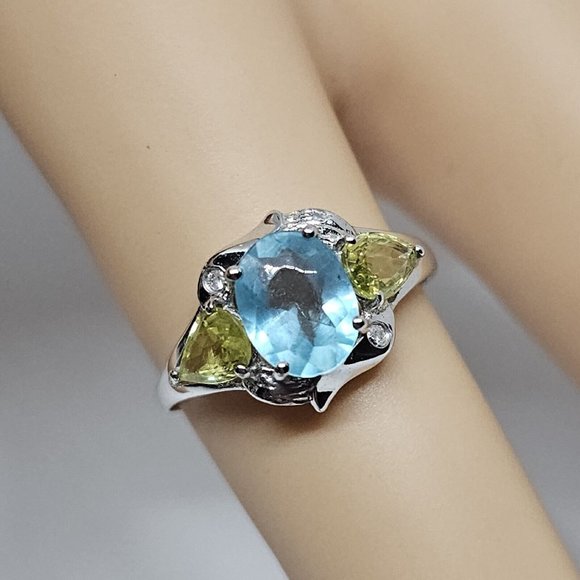 Signed YJ Blue Topaz & Peridot Gem Stones 10K White Gold Ring Size 7 - Picture 3 of 12